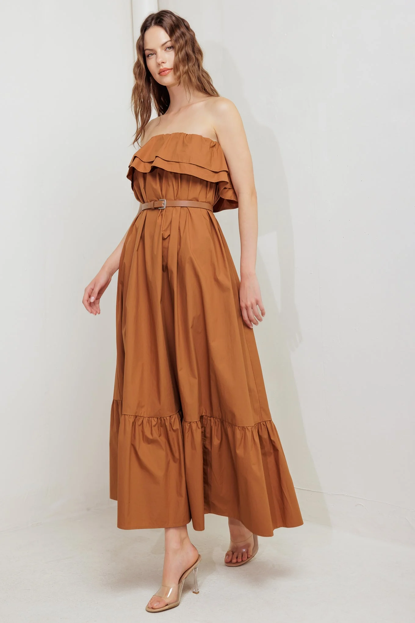 MILK & HONEY STRAPLESS BROWN MIDI DRESS - Image 10