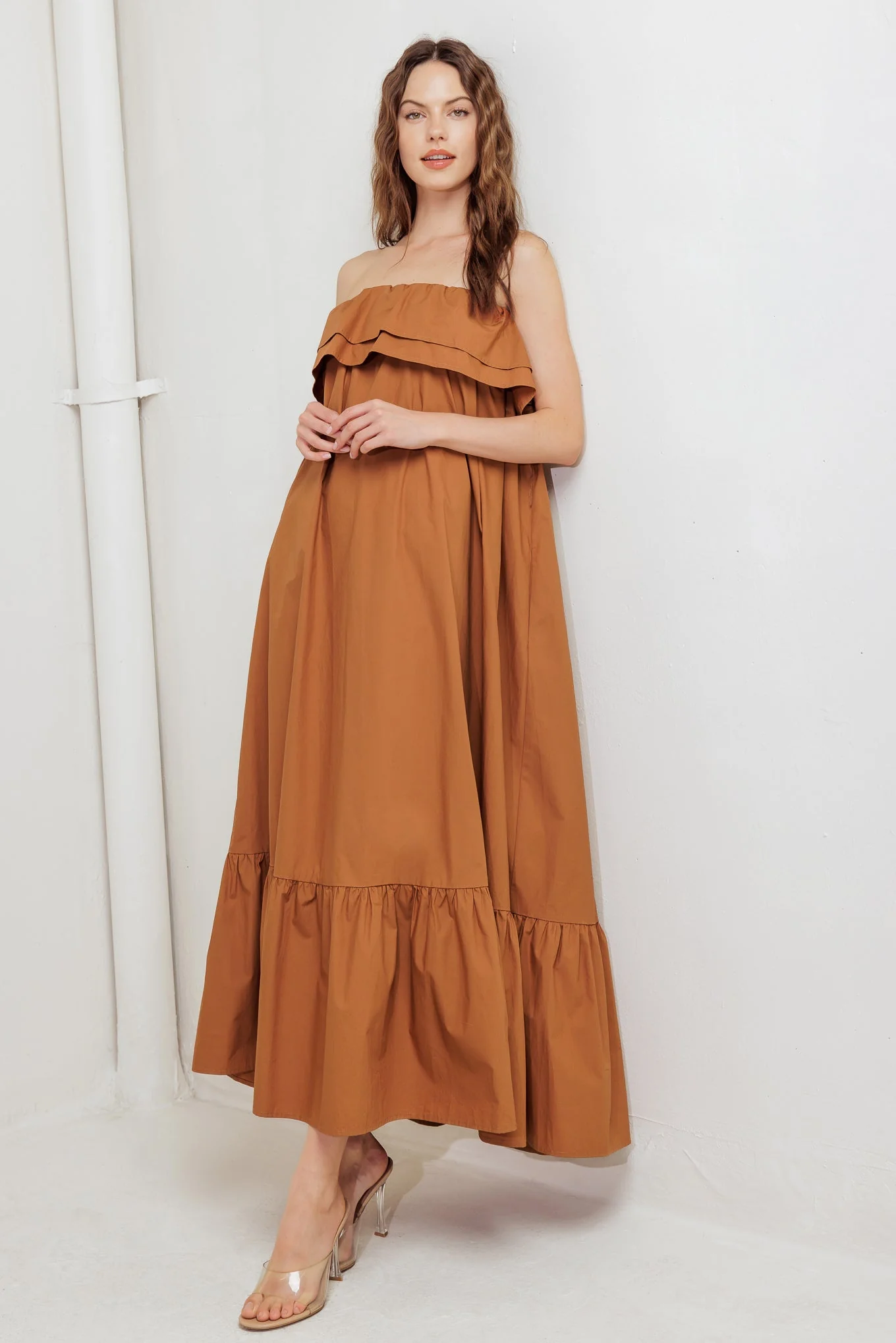 MILK & HONEY STRAPLESS BROWN MIDI DRESS - Image 8