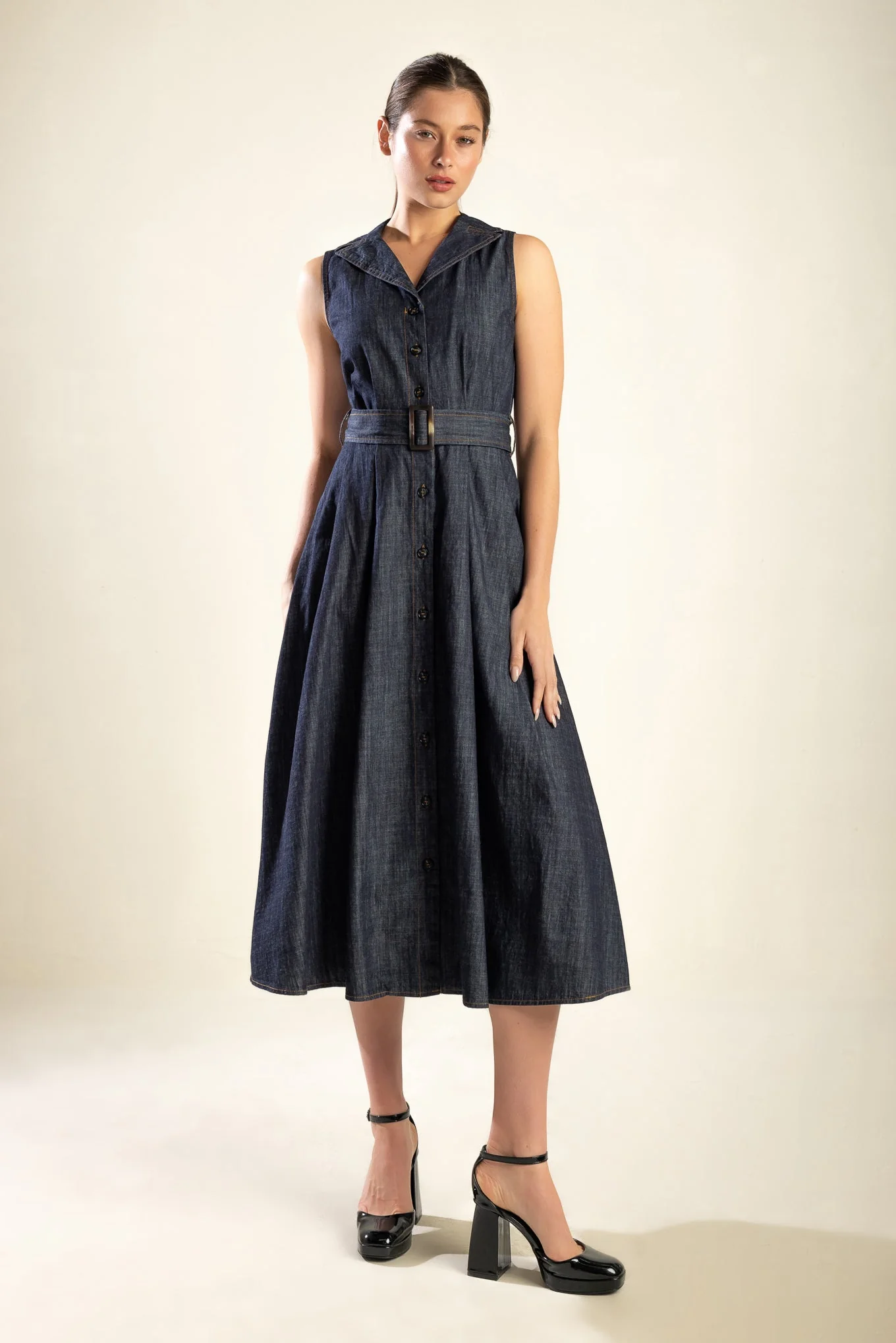 OASIS OF CALM - INDIGO - A-LINE DENIM MIDI DRESS - Image 2