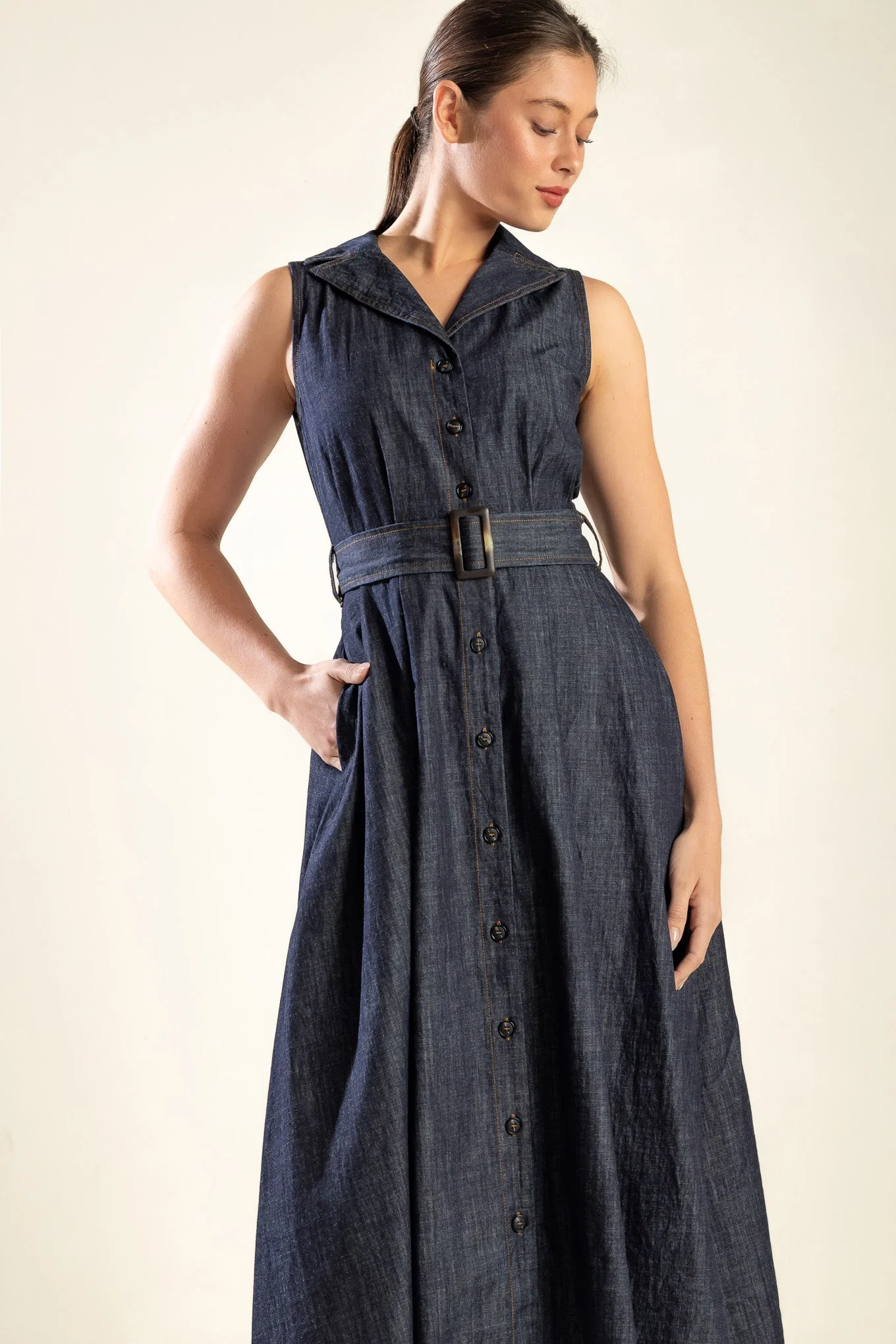 OASIS OF CALM - INDIGO - A-LINE DENIM MIDI DRESS - Image 6