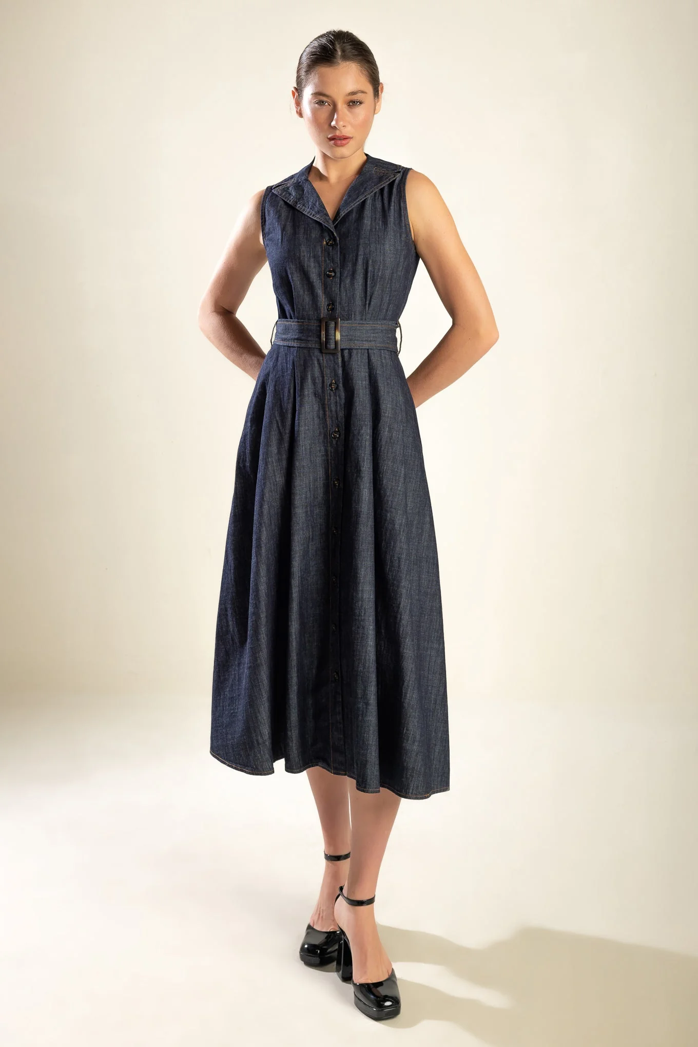 OASIS OF CALM - INDIGO - A-LINE DENIM MIDI DRESS - Image 7