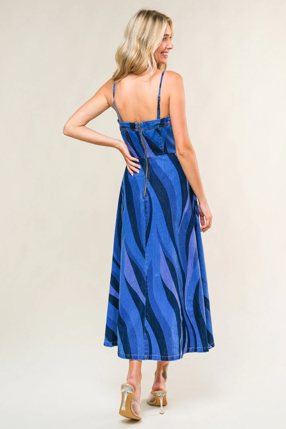 BLUE WAVES - PATTERNED DENIM MIDI DRESS - Image 2