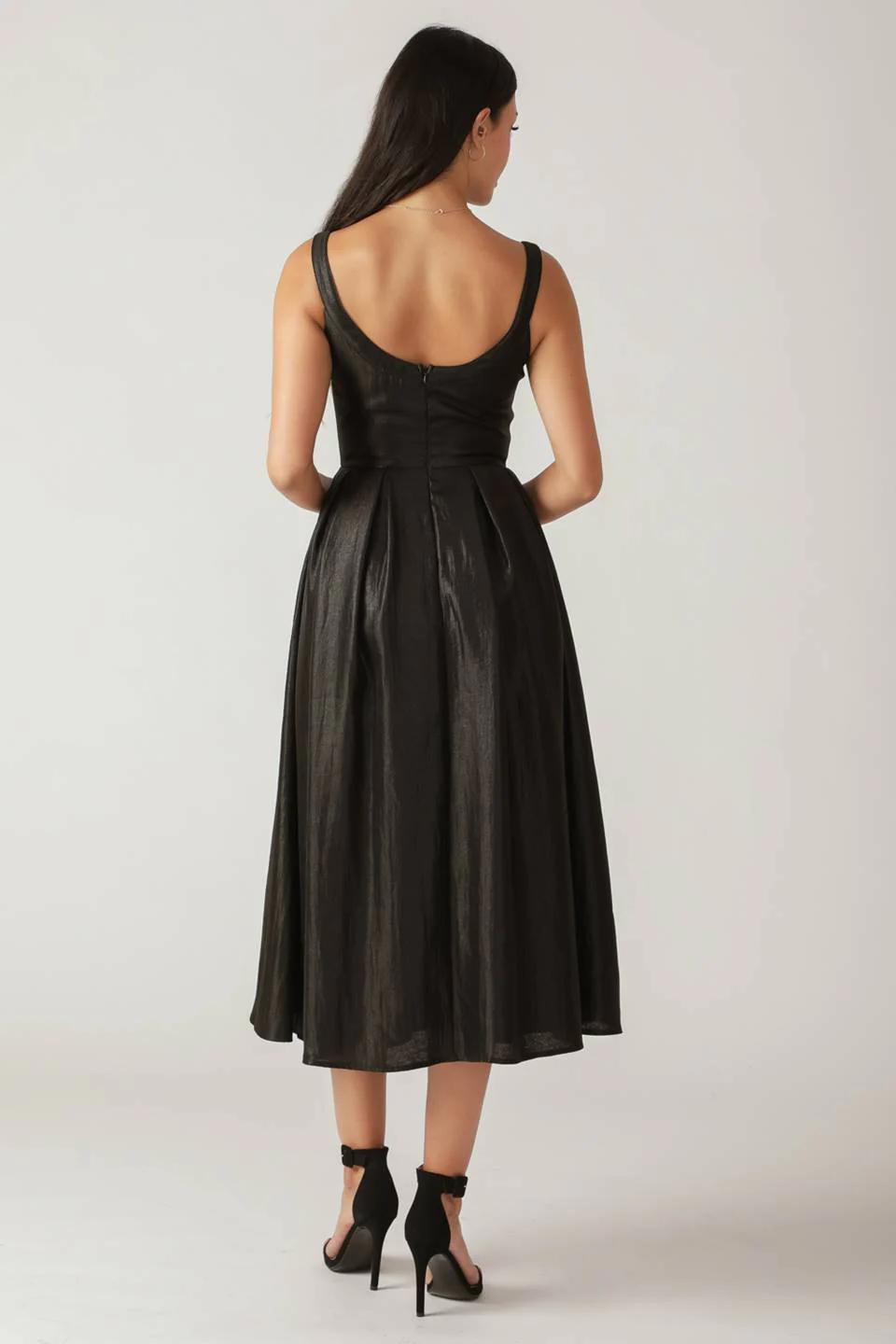 PEARL TRIM BLACK SATIN MIDI DRESS - Image 2