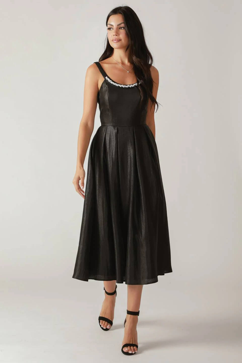 PEARL TRIM BLACK SATIN MIDI DRESS - Image 6