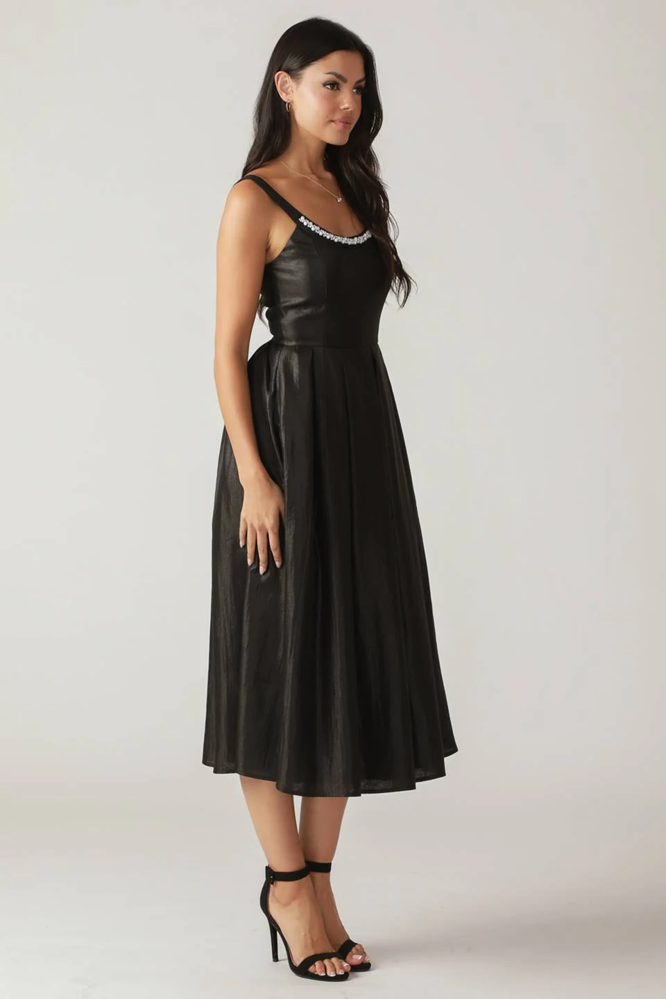 PEARL TRIM BLACK SATIN MIDI DRESS - Image 8