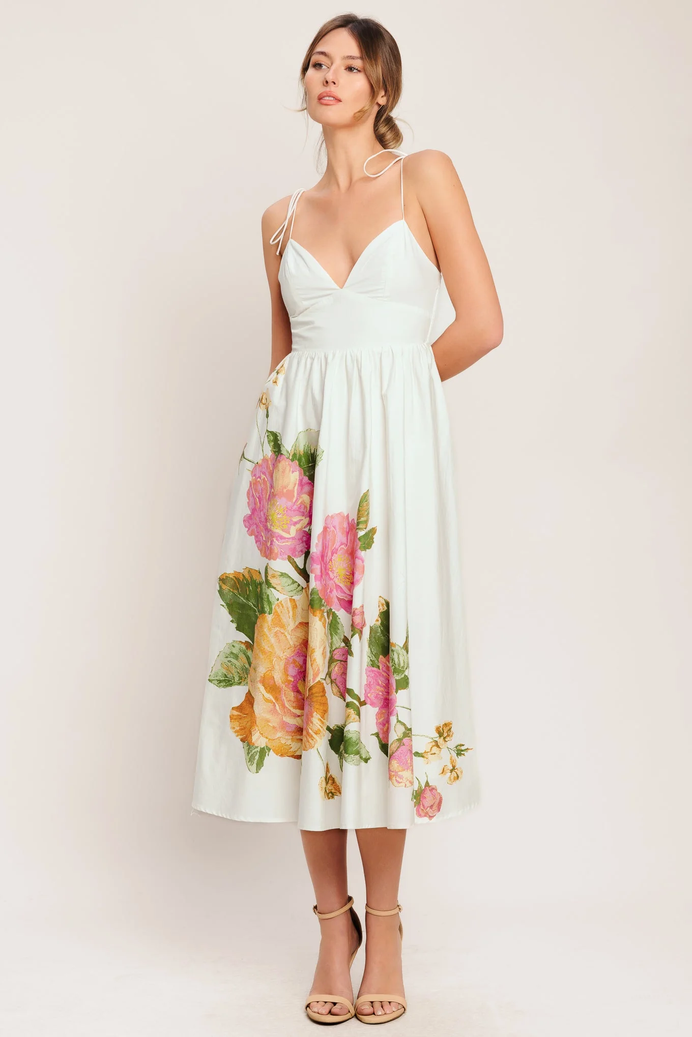POETIC BLOOM IVORY FLORAL MIDI DRESS