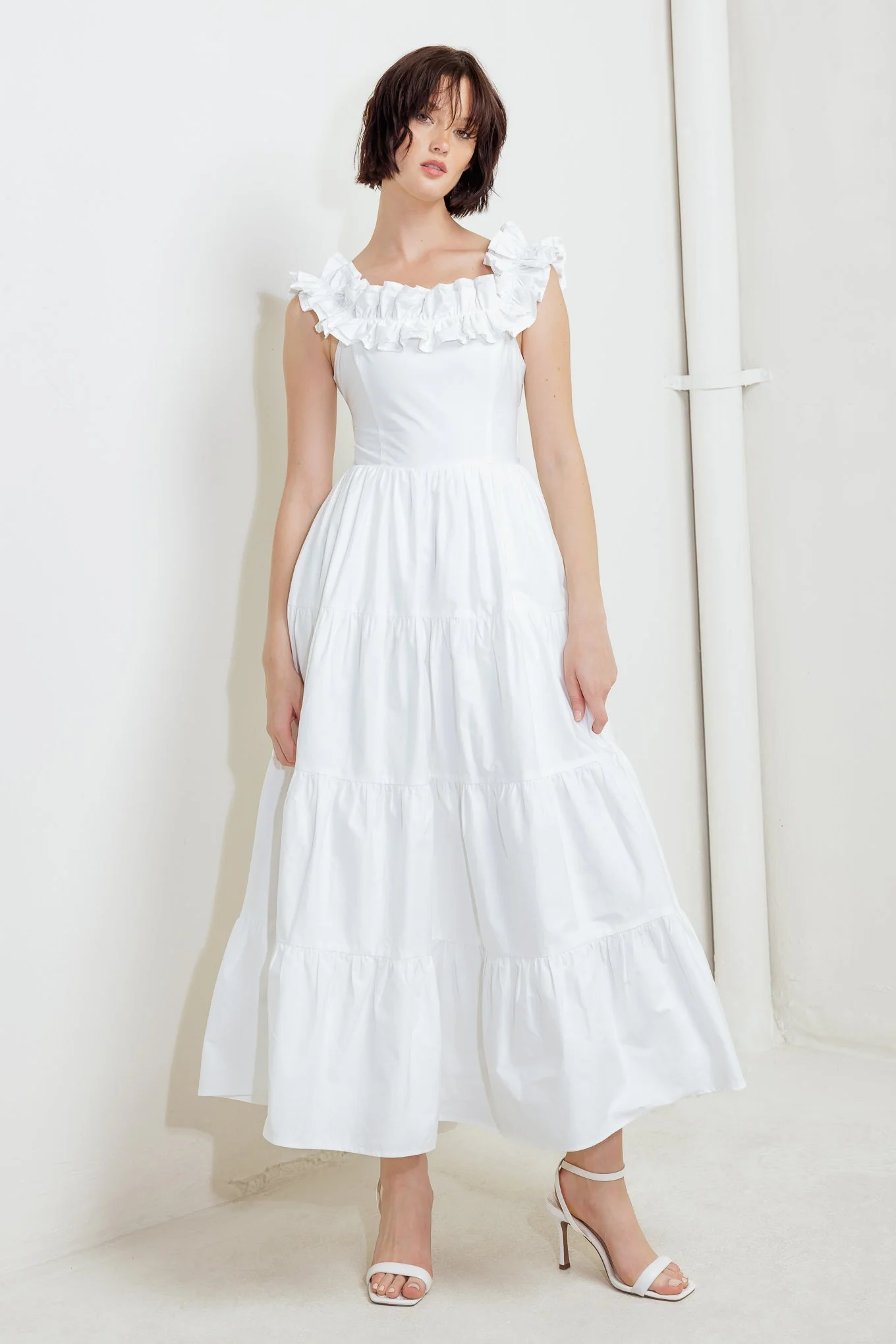 ROMA RUFFLED MIDI DRESS - WHITE - Image 6
