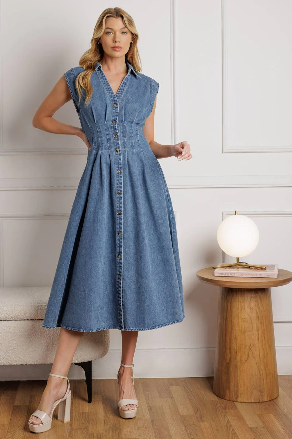 ROSES OF LOVE - CINCHED WAIST DENIM MIDI DRESS