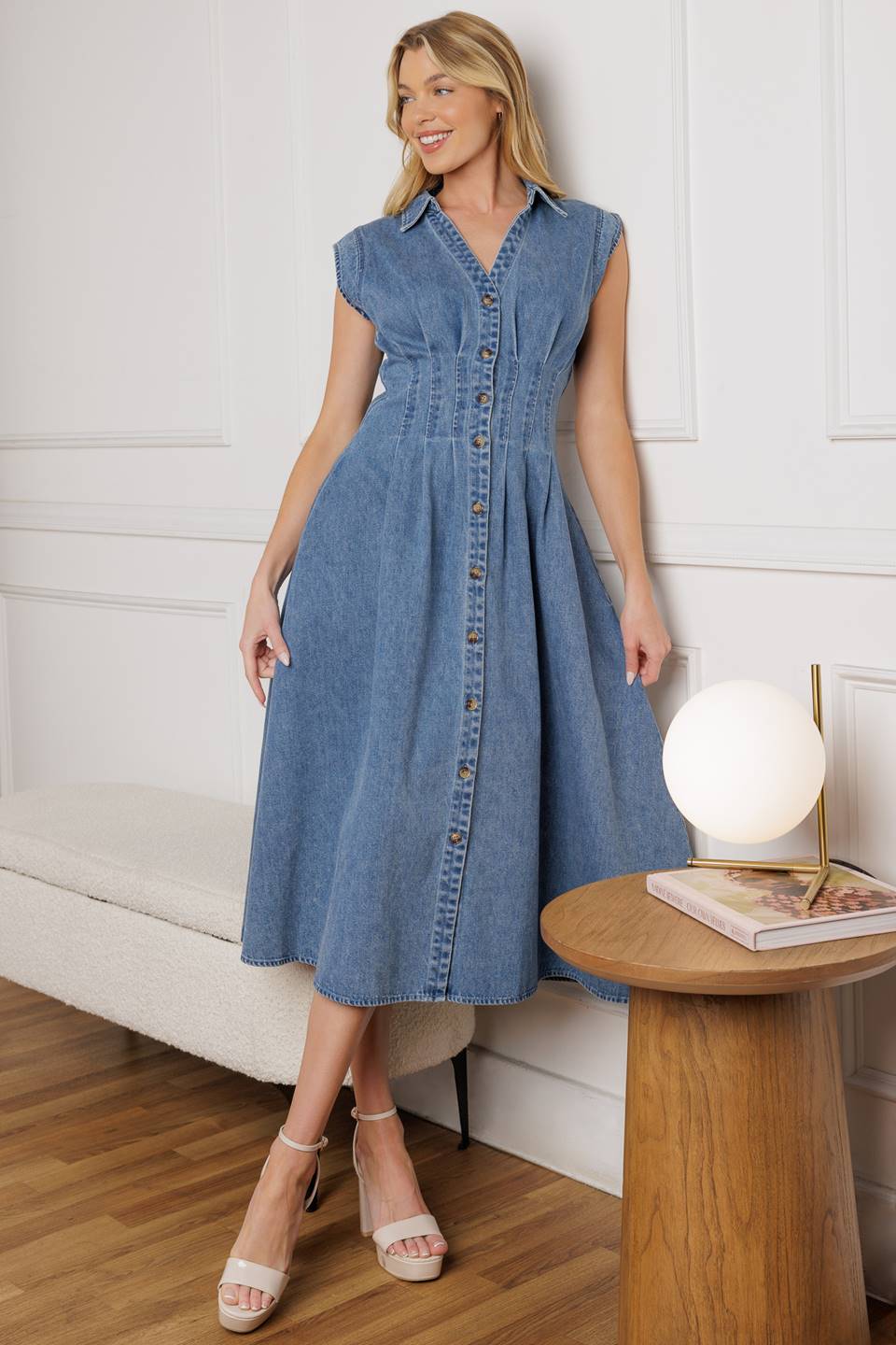 ROSES OF LOVE - CINCHED WAIST DENIM MIDI DRESS - Image 5