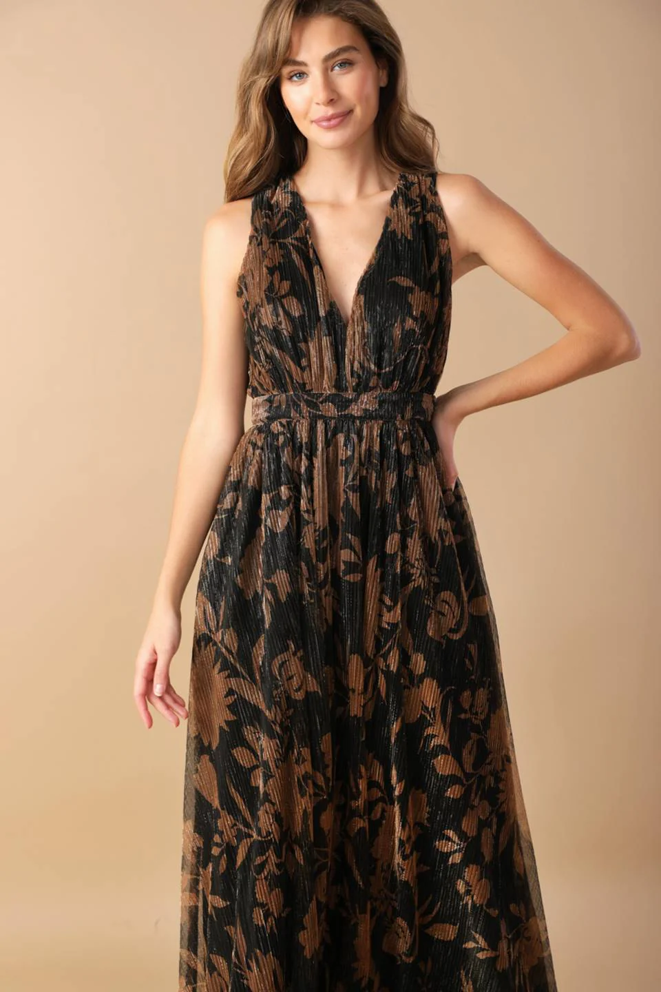 EVERYDAY HUSTLE METALLIC MICRO PLEAT BROWN MAXI DRESS - FINAL SALE - Image 4