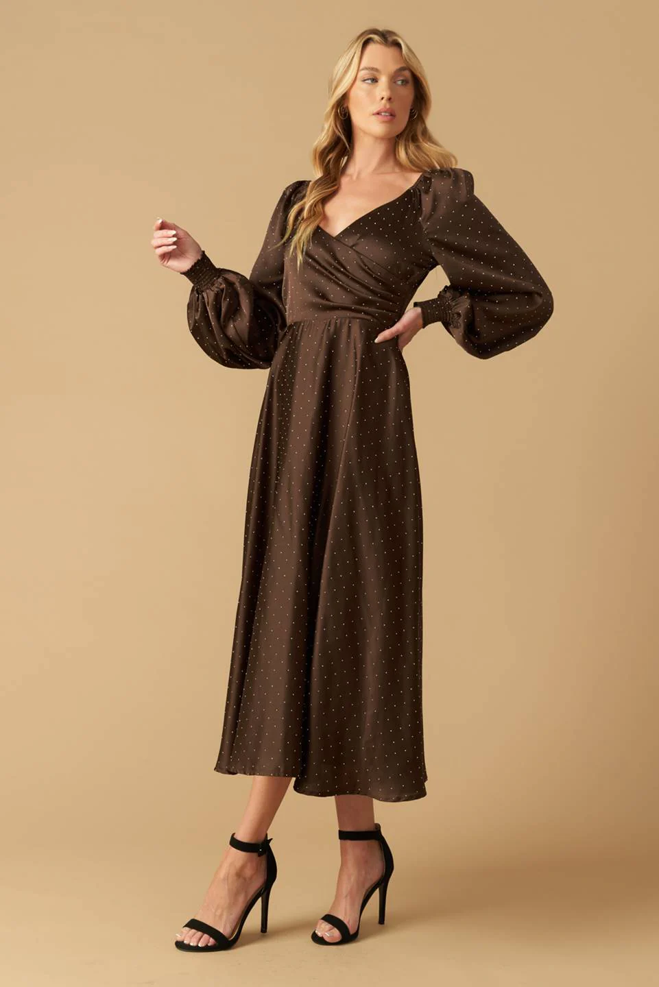 ROMANTIC LOVE - BROWN LONG SLEEVE MIDI DRESS - Image 3