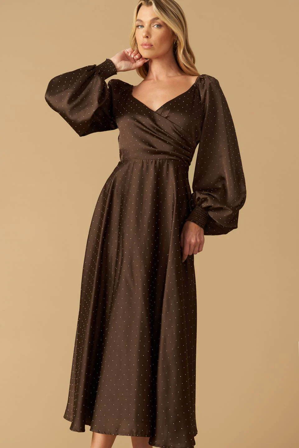 ROMANTIC LOVE - BROWN LONG SLEEVE MIDI DRESS - Image 5