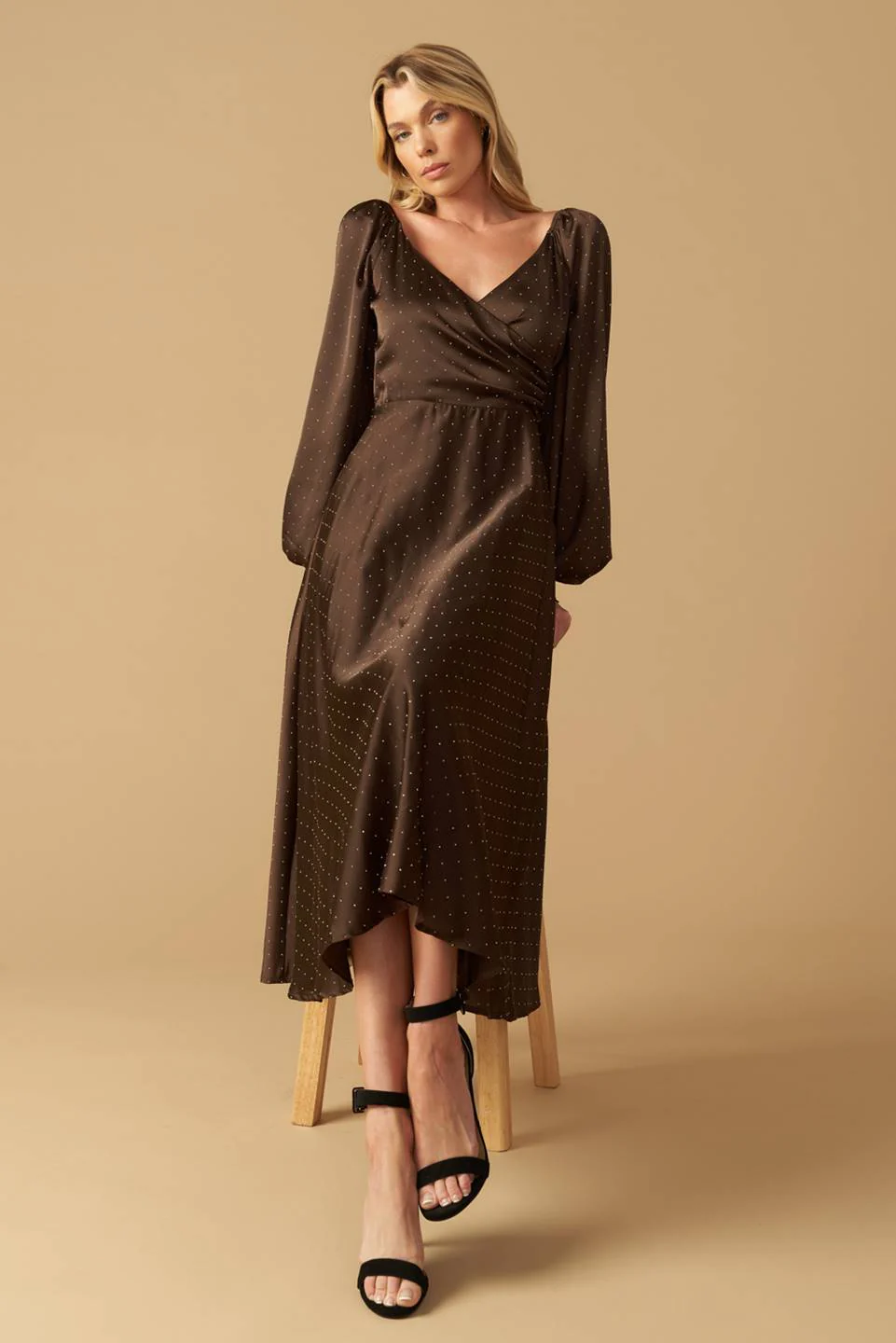 ROMANTIC LOVE - BROWN LONG SLEEVE MIDI DRESS - Image 8