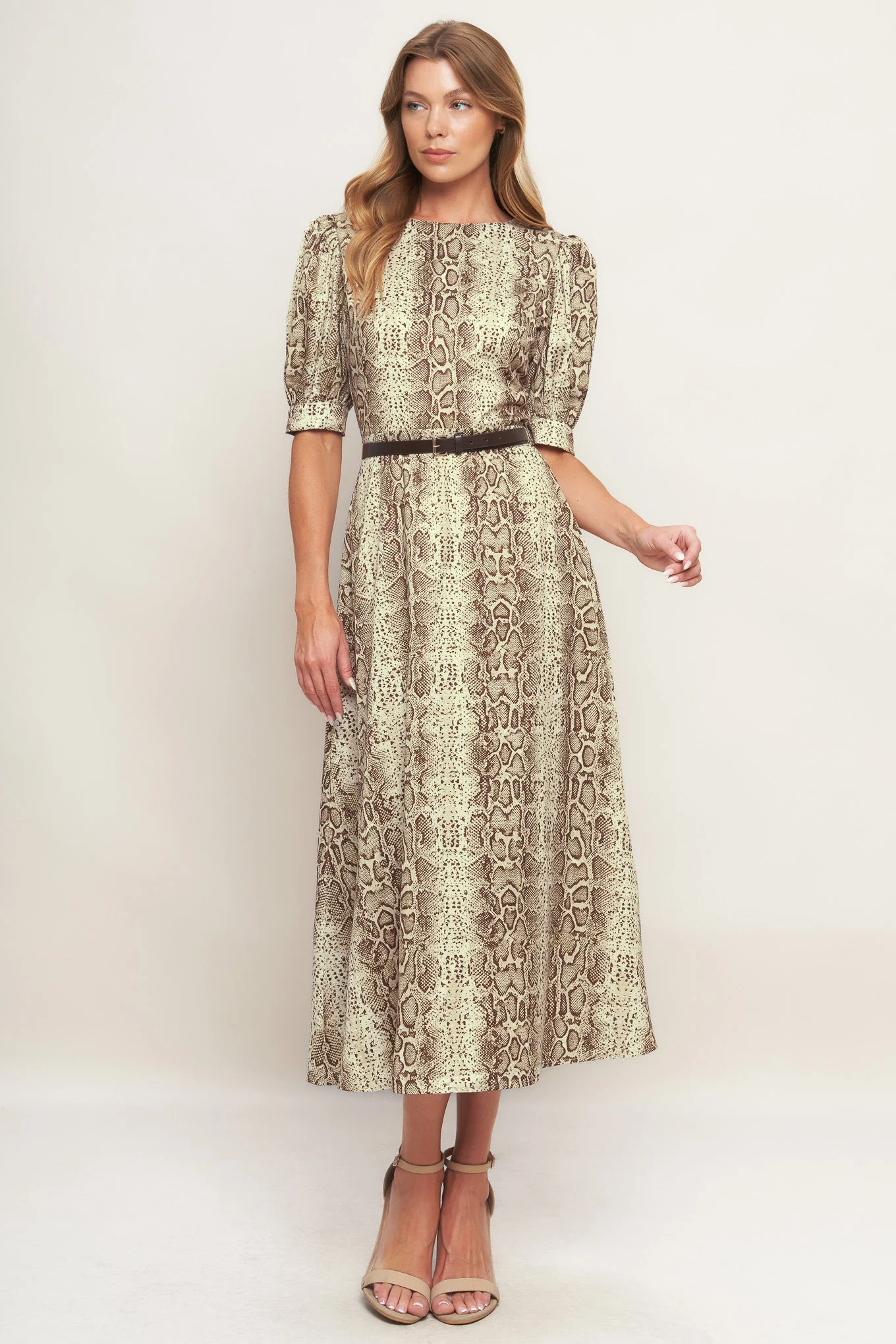 SNAKE PRINT BROWN MIDI DRESS