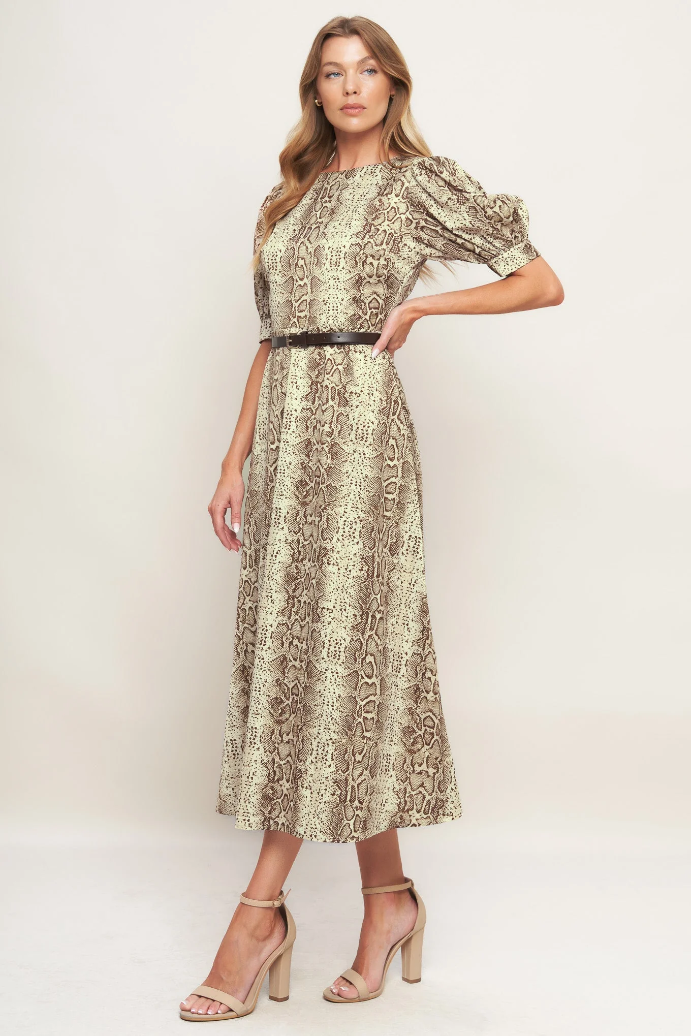 SNAKE PRINT BROWN MIDI DRESS - Image 4