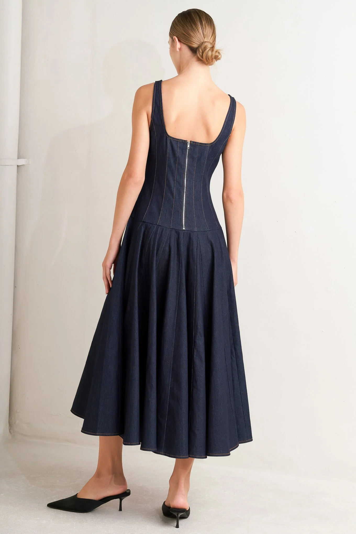 SQUARE NECKLINE DARK DENIM MIDI DRESS - Image 2