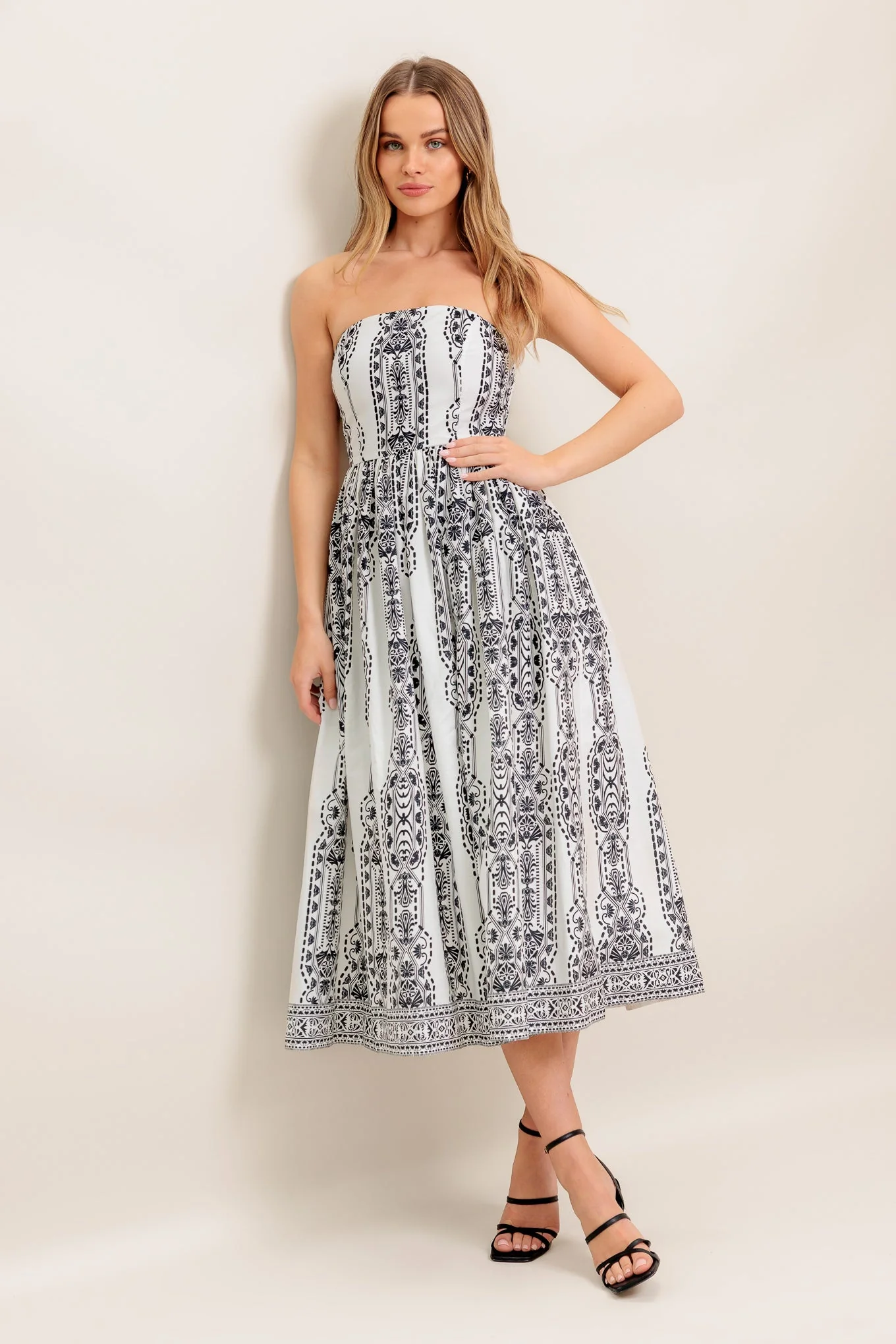 SUMMER SILHOUETTE STRAPLESS BLACK & WHITE MIDI DRESS