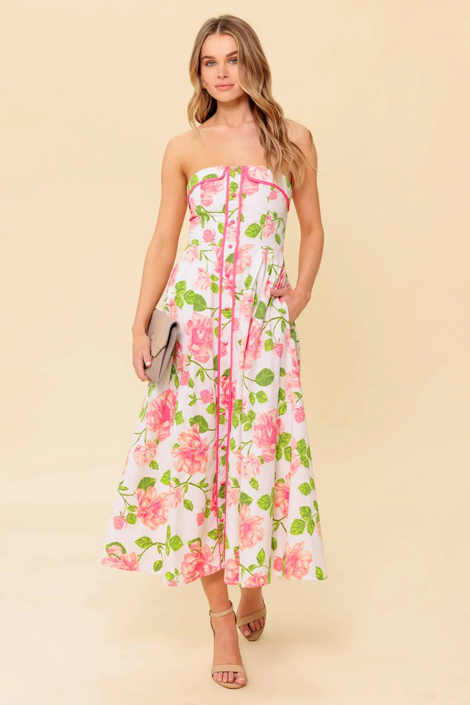 SUNDAY AFTERNOON - PINK FLORAL STRAPLESS MIDI DRESS - Image 2