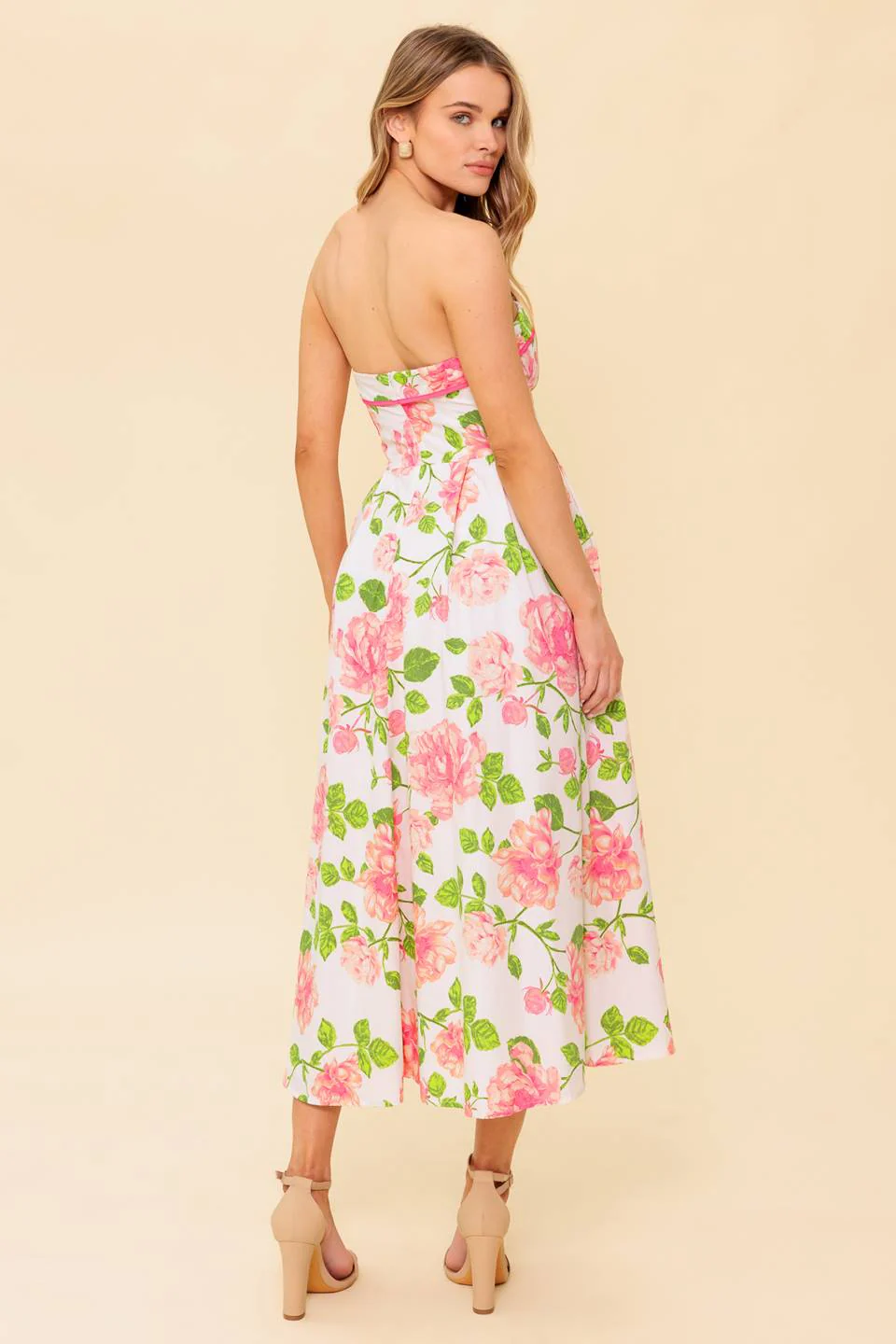 SUNDAY AFTERNOON - PINK FLORAL STRAPLESS MIDI DRESS - Image 4