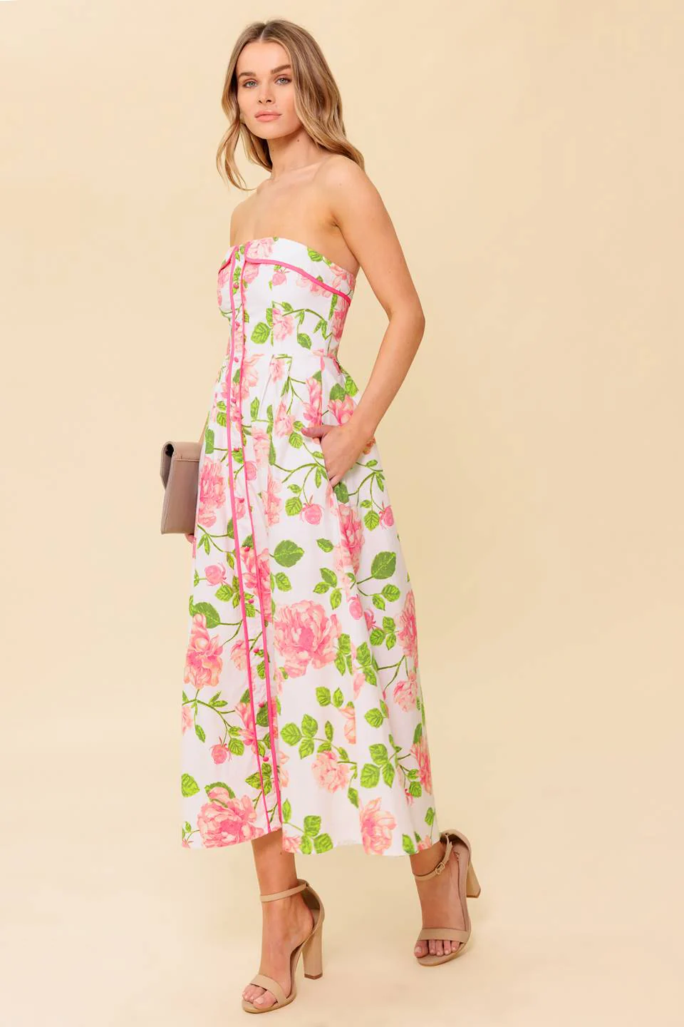 SUNDAY AFTERNOON - PINK FLORAL STRAPLESS MIDI DRESS - Image 6