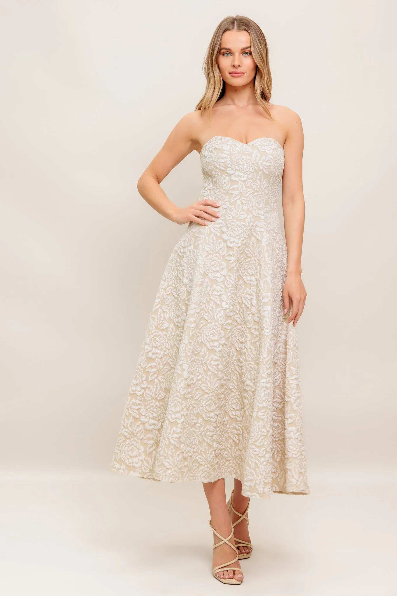 TEXTURED BLOSSOM STRAPLESS MIDI DRESS - BEIGE - FINAL SALE