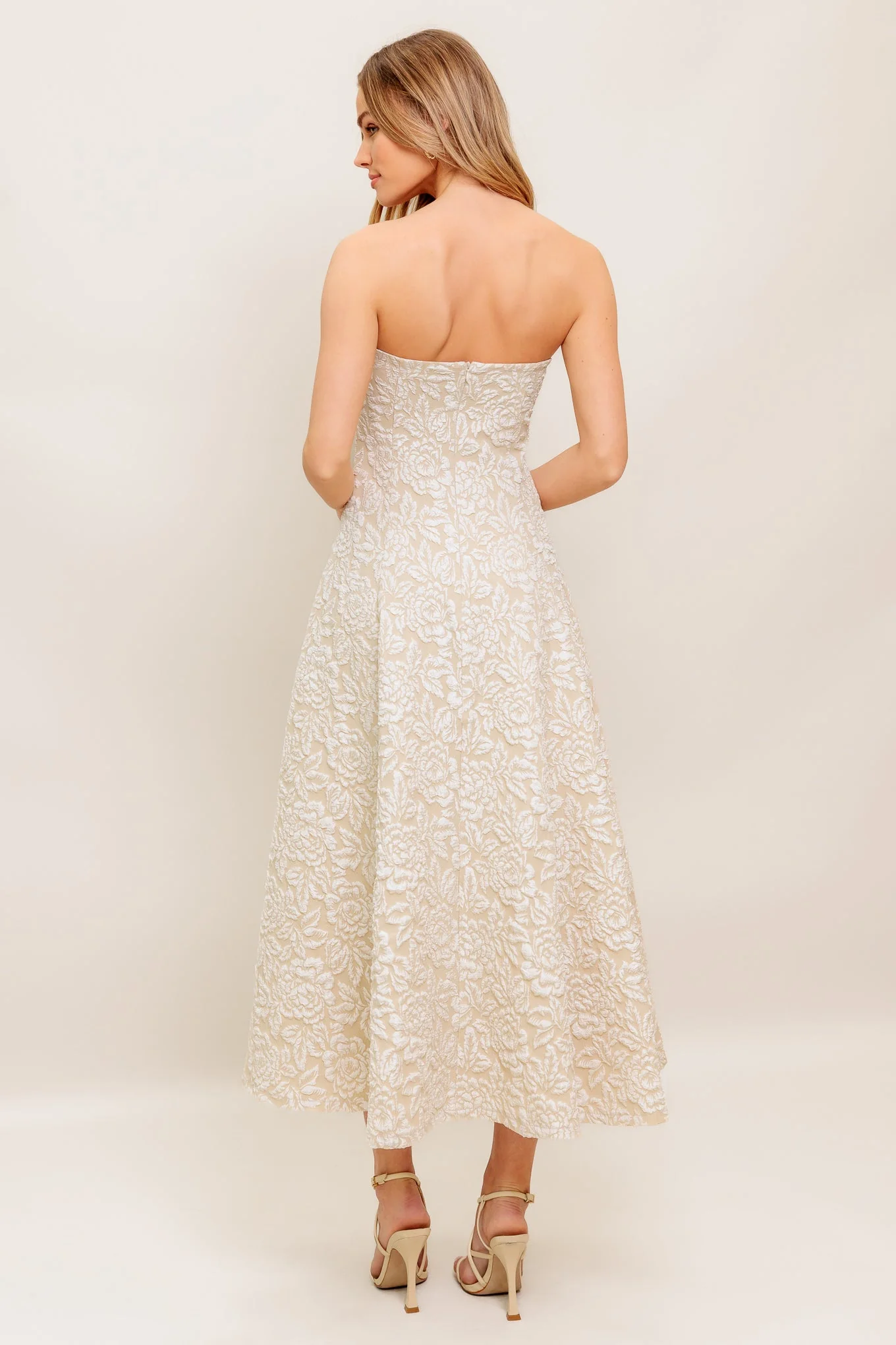 TEXTURED BLOSSOM STRAPLESS MIDI DRESS - BEIGE - FINAL SALE - Image 2