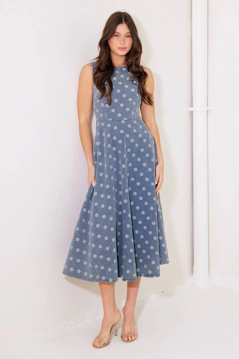 TOO SWEET - POLKA DOT DENIM MIDI DRESS - Image 3