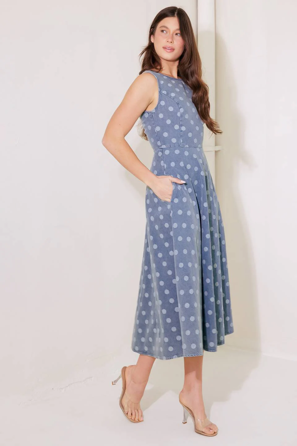 TOO SWEET - POLKA DOT DENIM MIDI DRESS - Image 5
