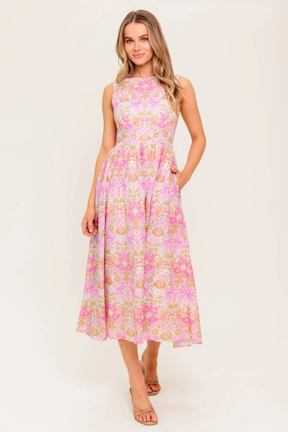 UNDER THE SUN - PINK MIDI DRESS WITH POCKETS