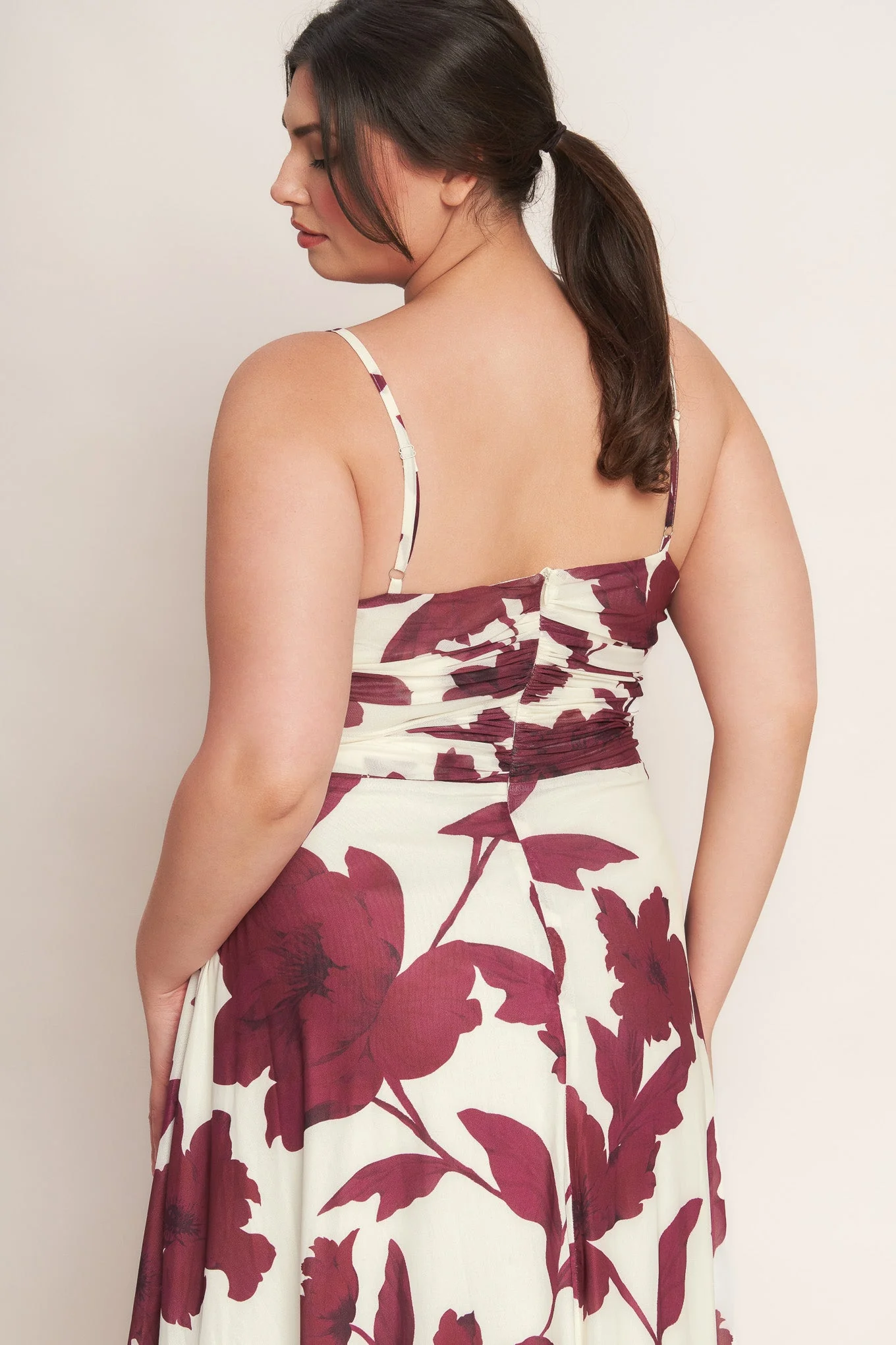 WINE BLOOM POWER MESH MIDI DRESS - BURGUNDY - Image 14