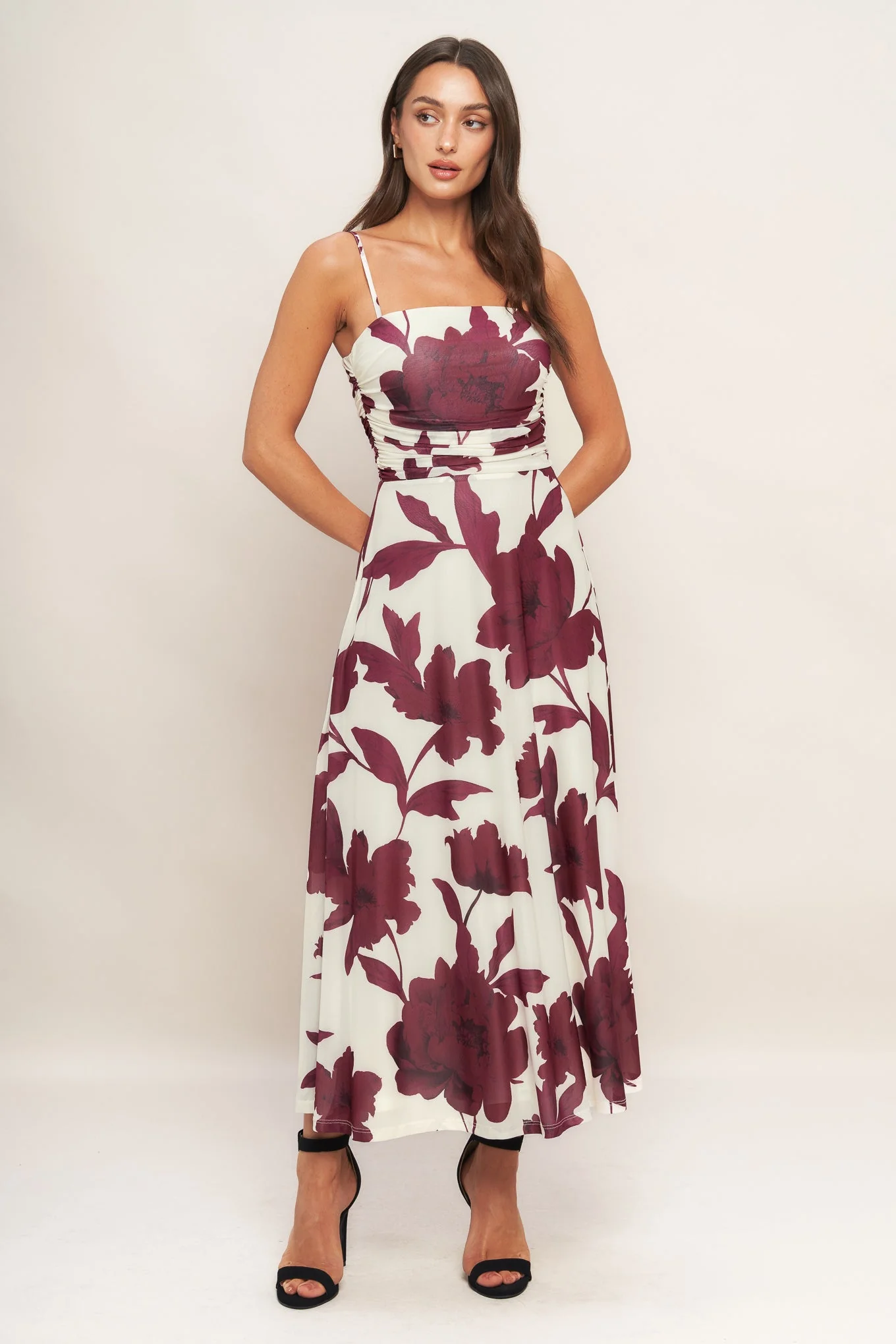 WINE BLOOM POWER MESH MIDI DRESS - BURGUNDY - Image 5