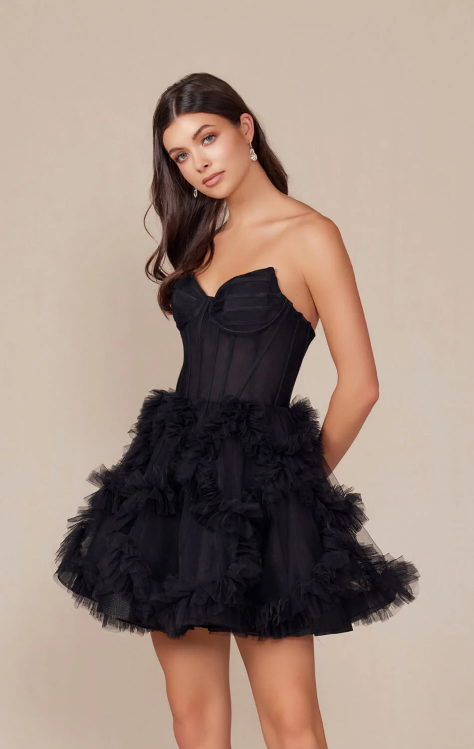 YVONNE RUFFLE SKIRT MINI DRESS - BLACK - Image 3