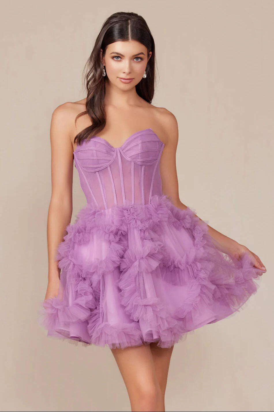 YVONNE RUFFLE SKIRT MINI DRESS - DUSTY LAVENDER